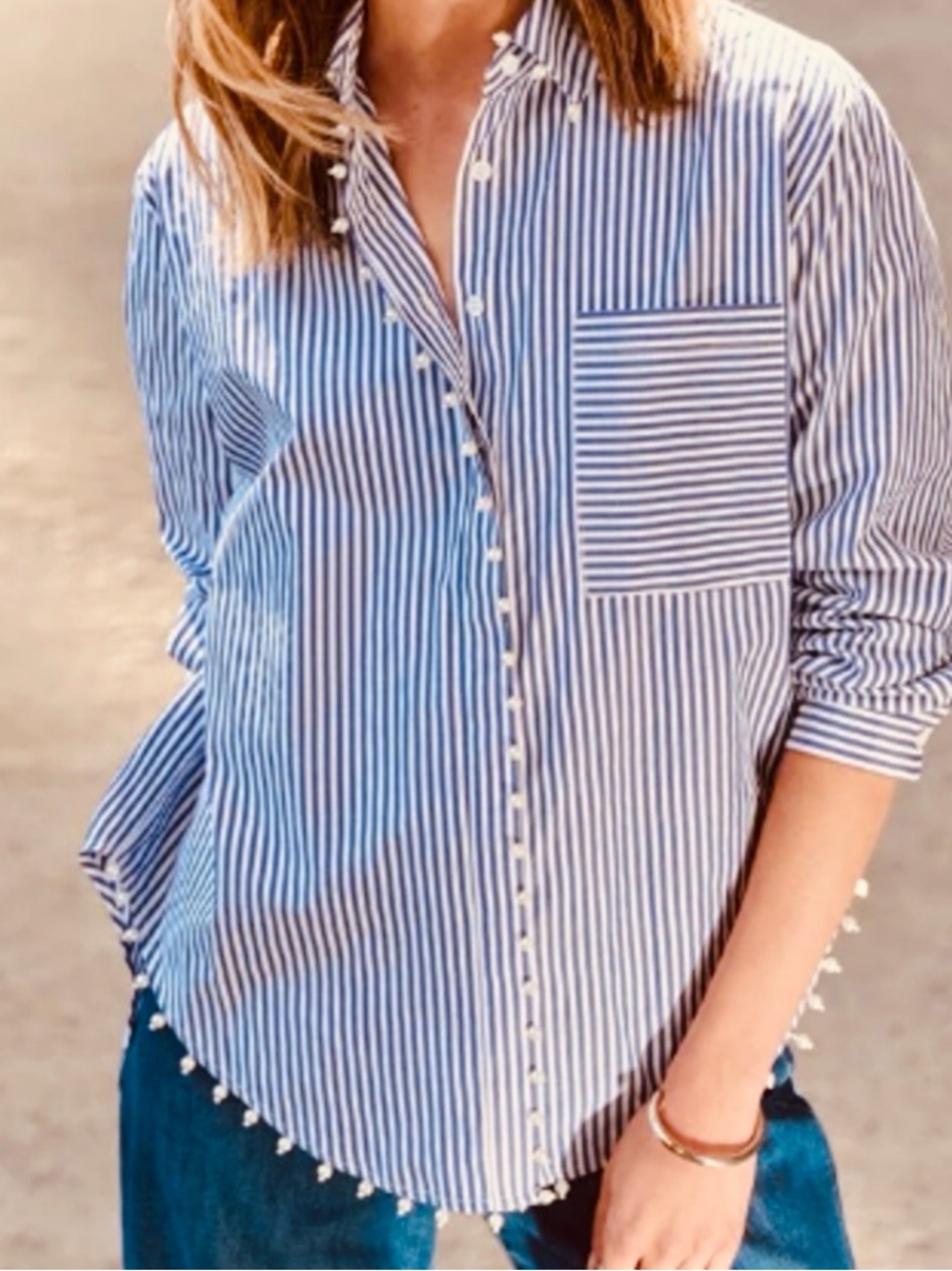 NEW JOSEPH RIBKOFF striped blouse with pearl details in bright blue white small